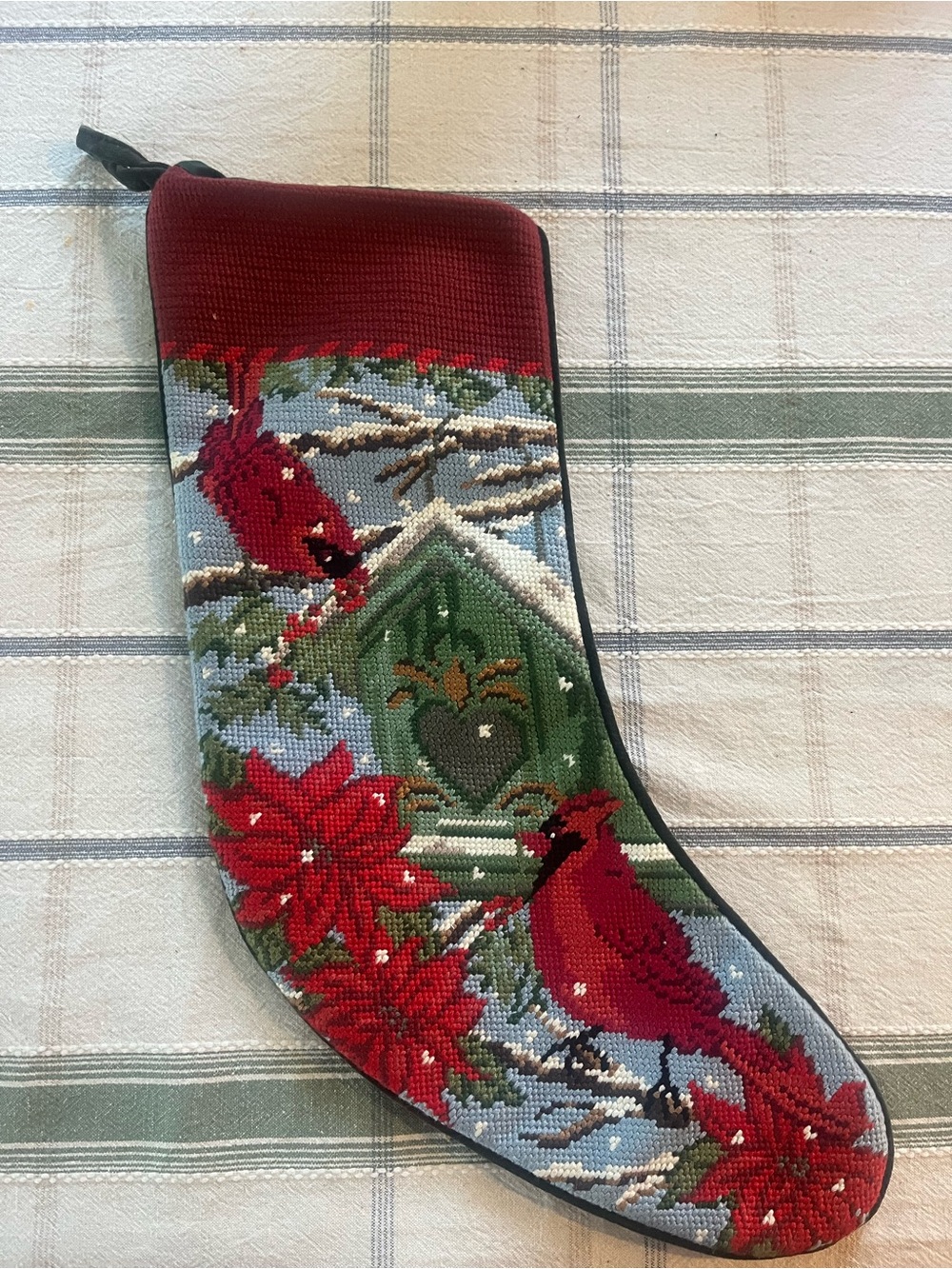Lands' End Needlepoint Cardinal Holiday Stocking in Red and Green